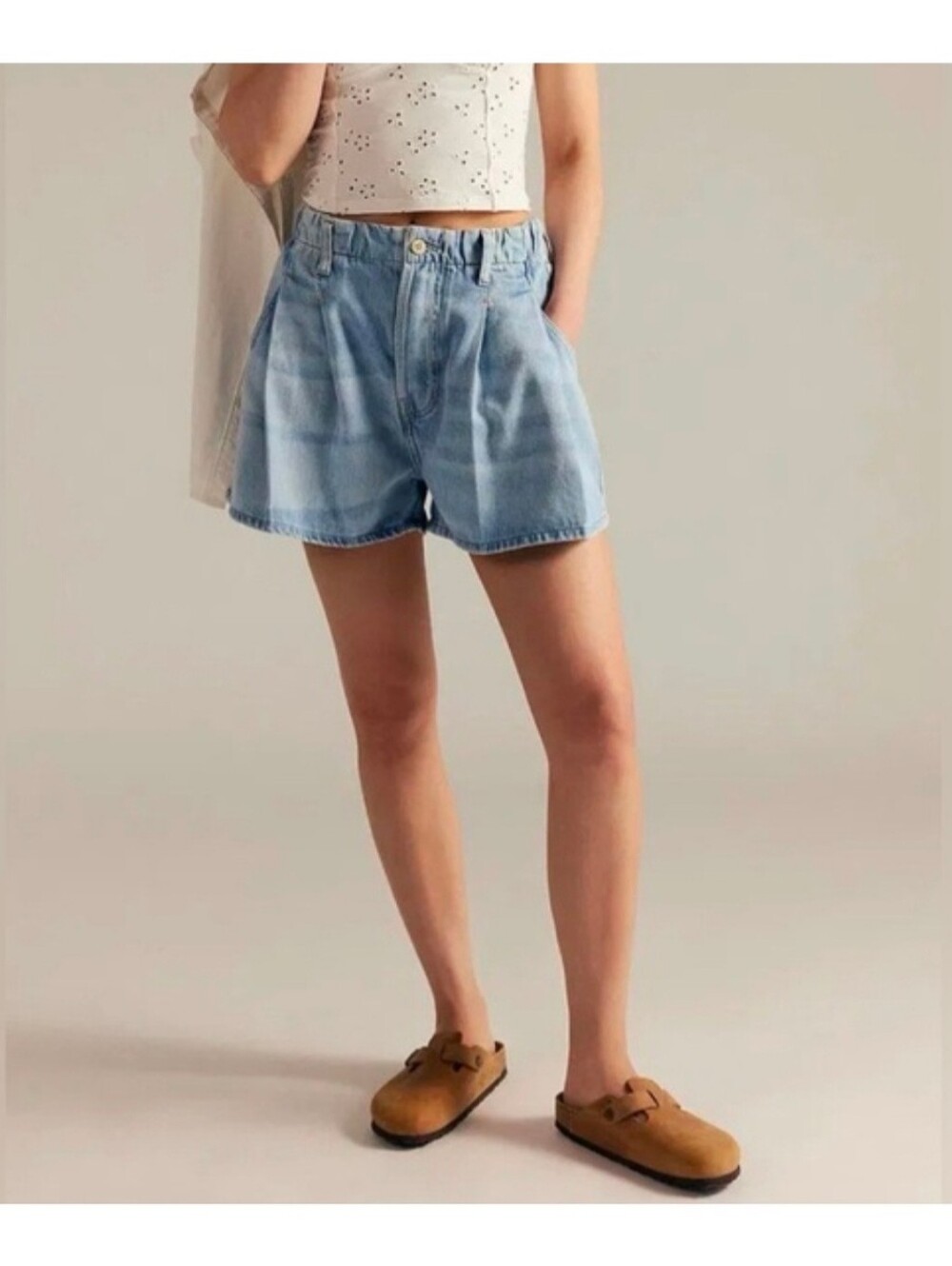 We the Free Free People Blue Clark Pleated Denim Shorts Size Small